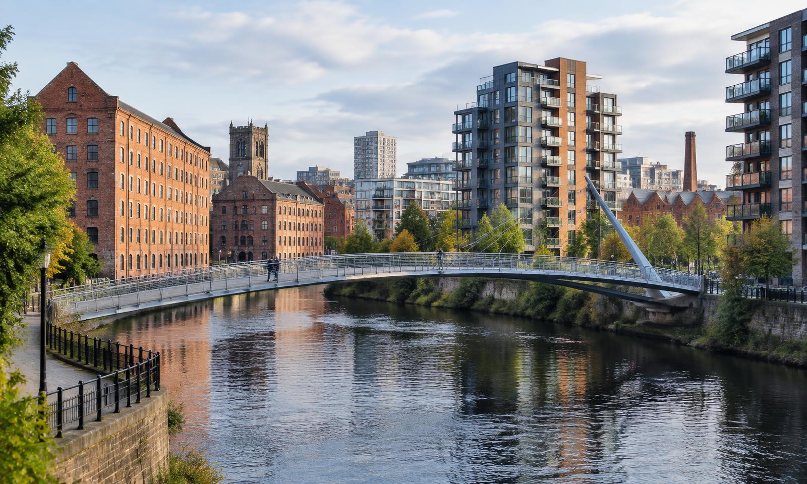 Illustrative editorial image of a river crossing and mixed residential buildings on a city edge