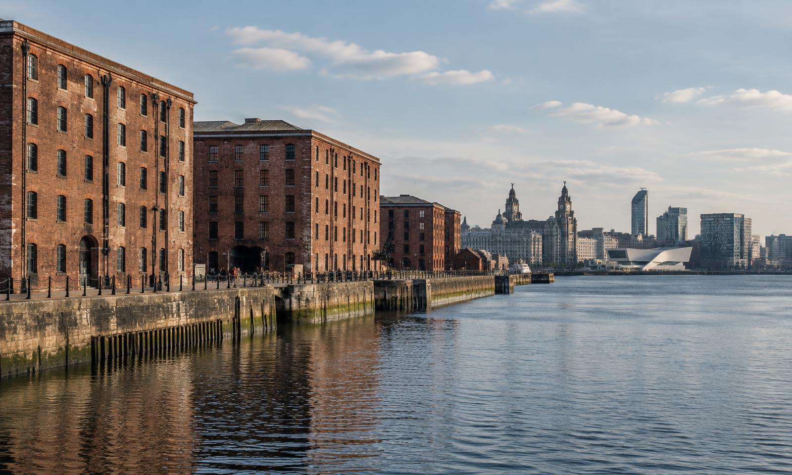 Illustrative editorial view inspired by Liverpool’s historic dock warehouses and waterfront