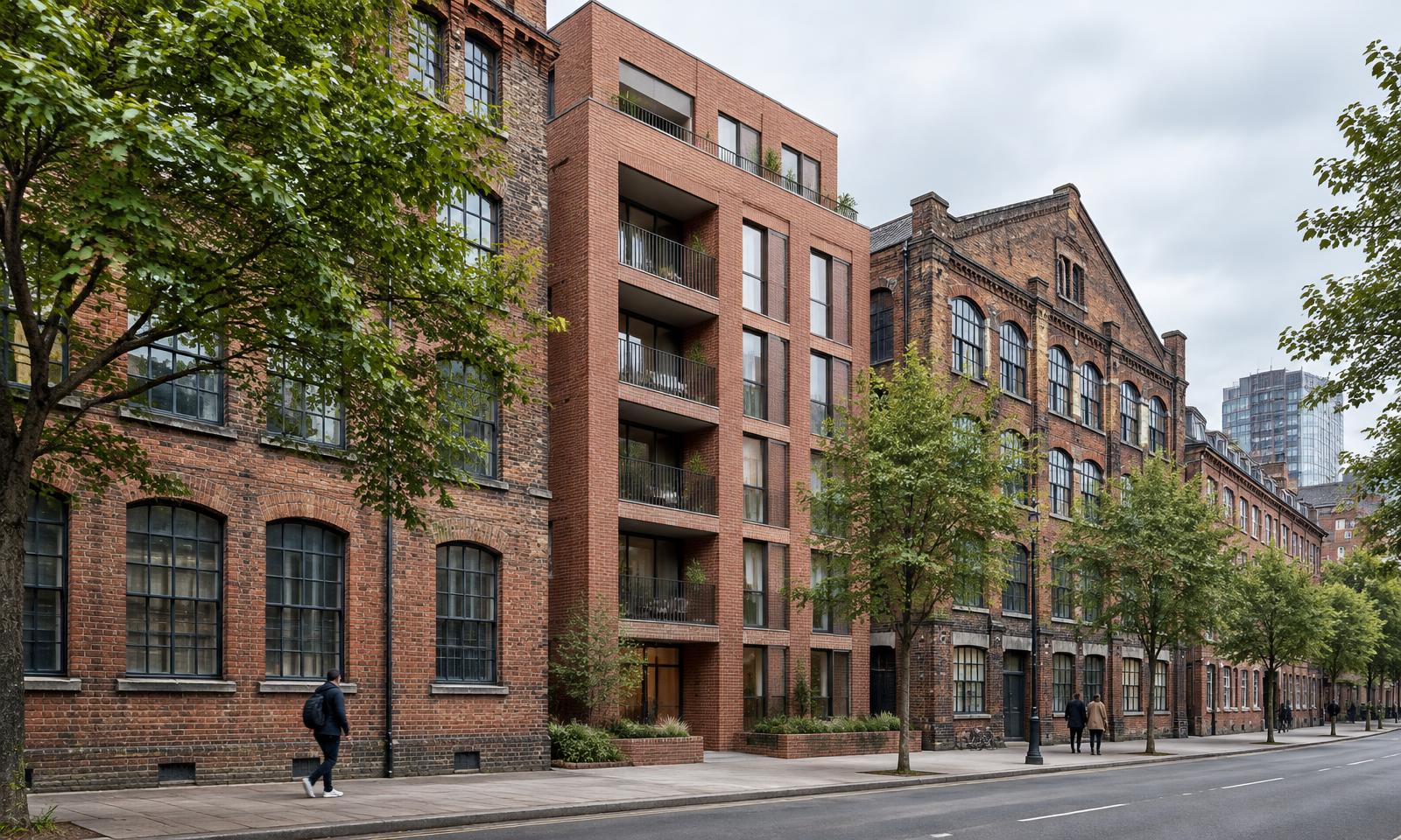 Illustrative editorial image of a new red-brick apartment building between older industrial buildings