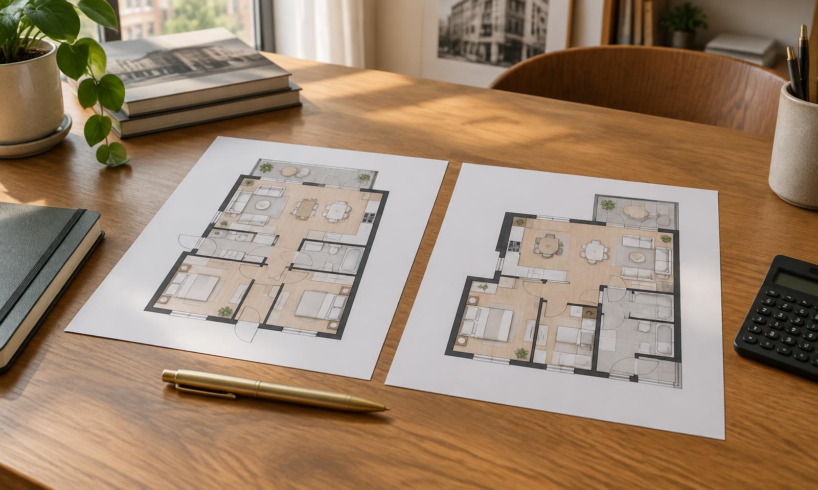 Illustrative editorial image of two apartment plans and a calculator on a desk