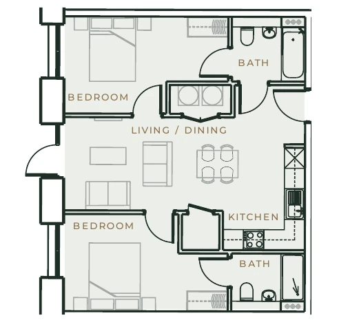Indicative two-bedroom apartment layout at Trafford Waters