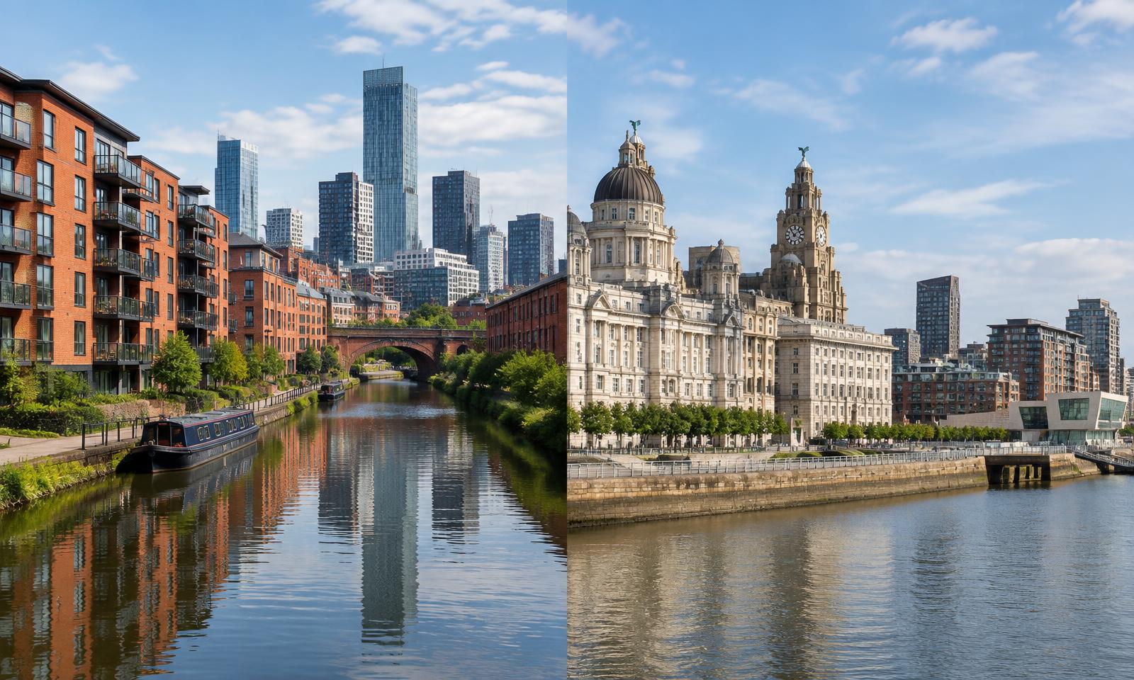 Illustrative editorial diptych comparing canal-side urban housing with a waterfront city scene