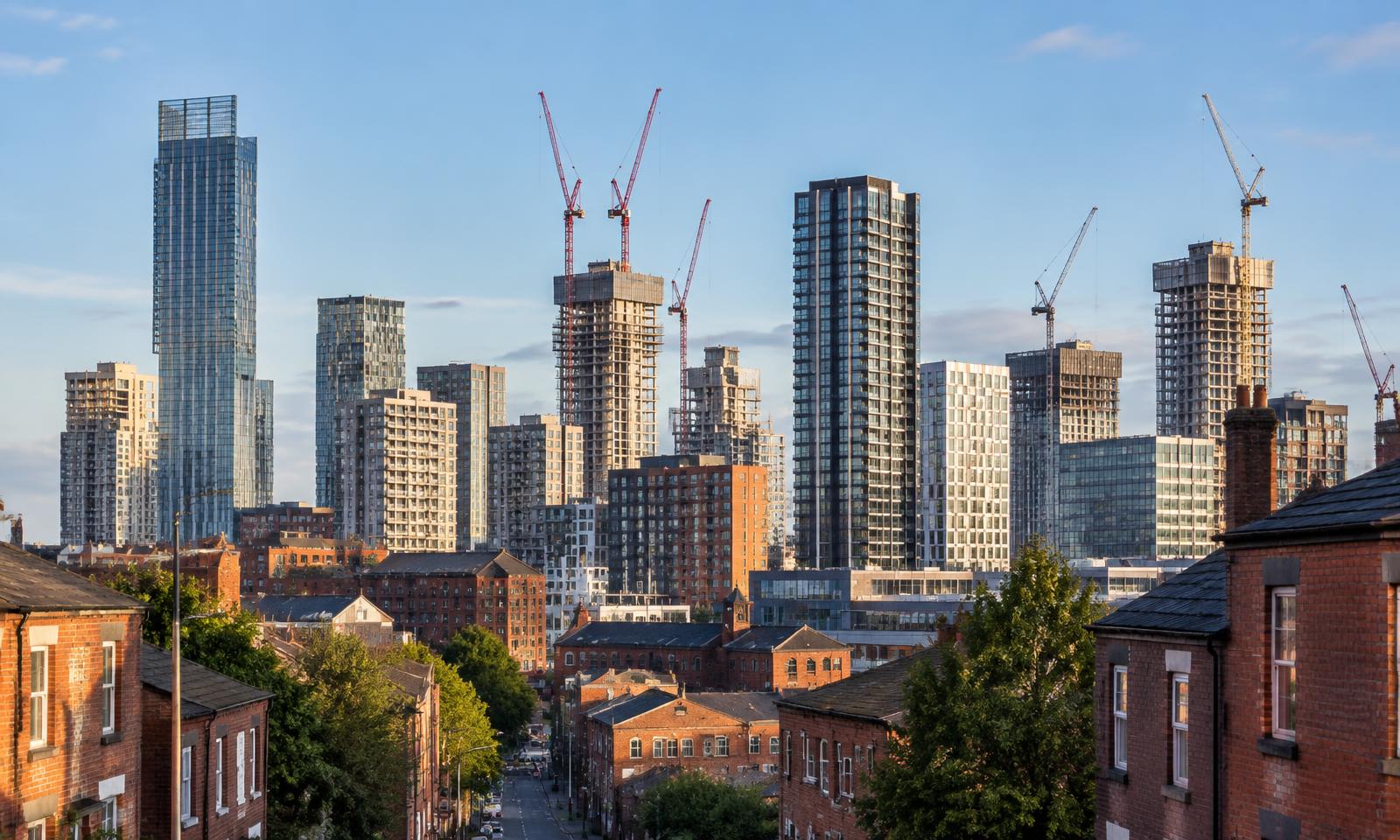 Illustrative editorial image of a North West skyline with residential construction cranes