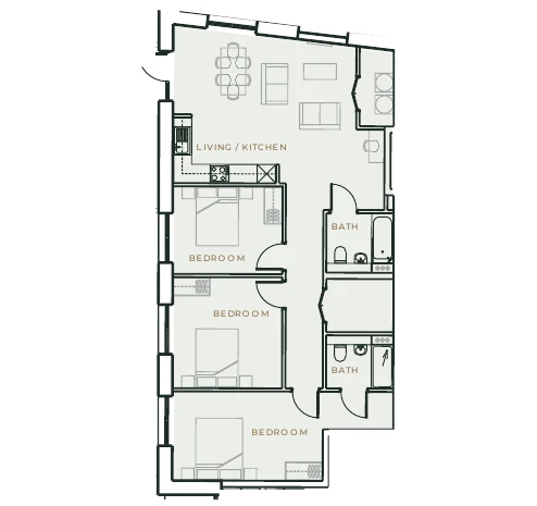 Indicative three-bedroom apartment layout at Trafford Waters