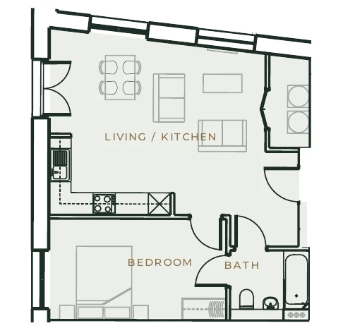 Indicative one-bedroom apartment layout at Trafford Waters