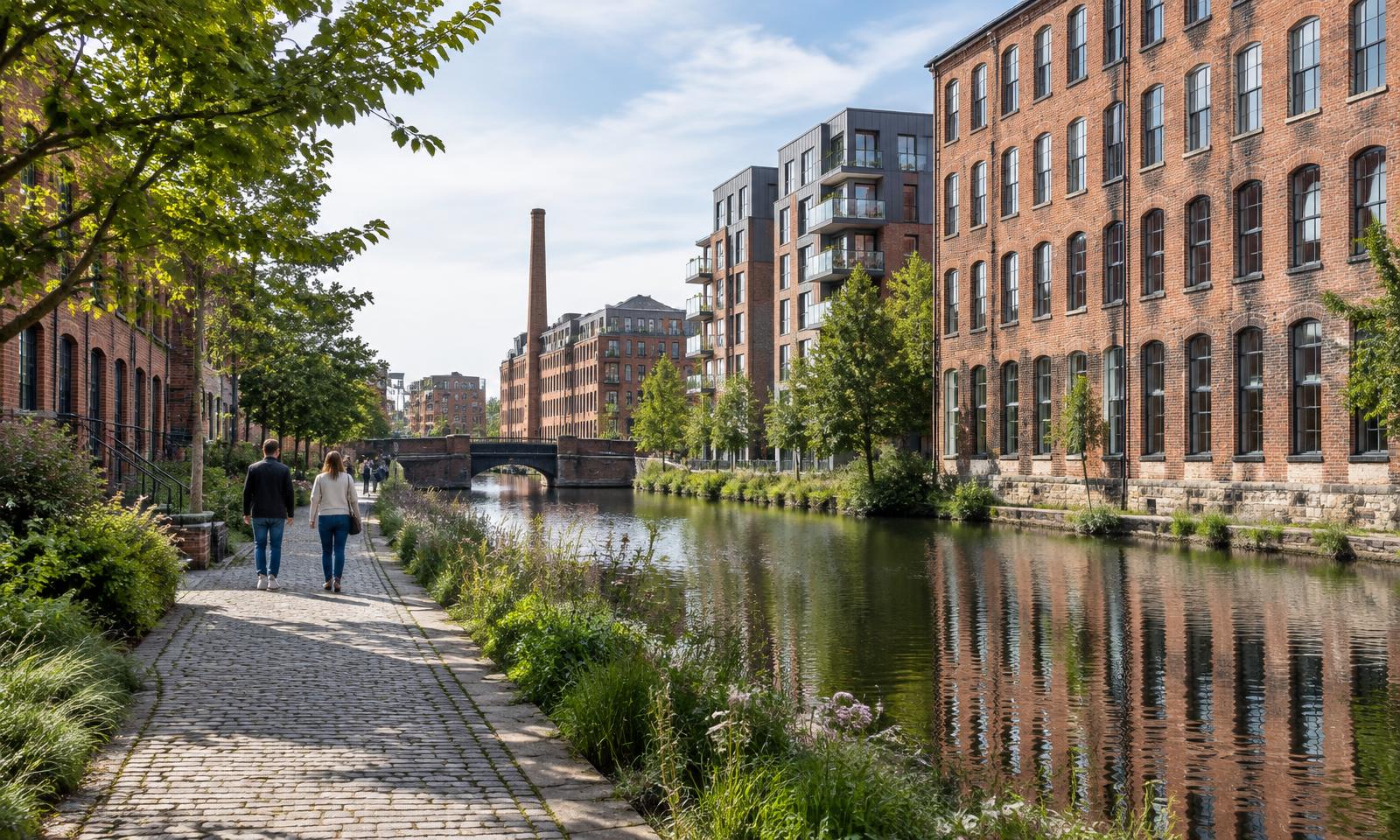 Illustrative canal-side view inspired by Manchester’s changing neighbourhoods