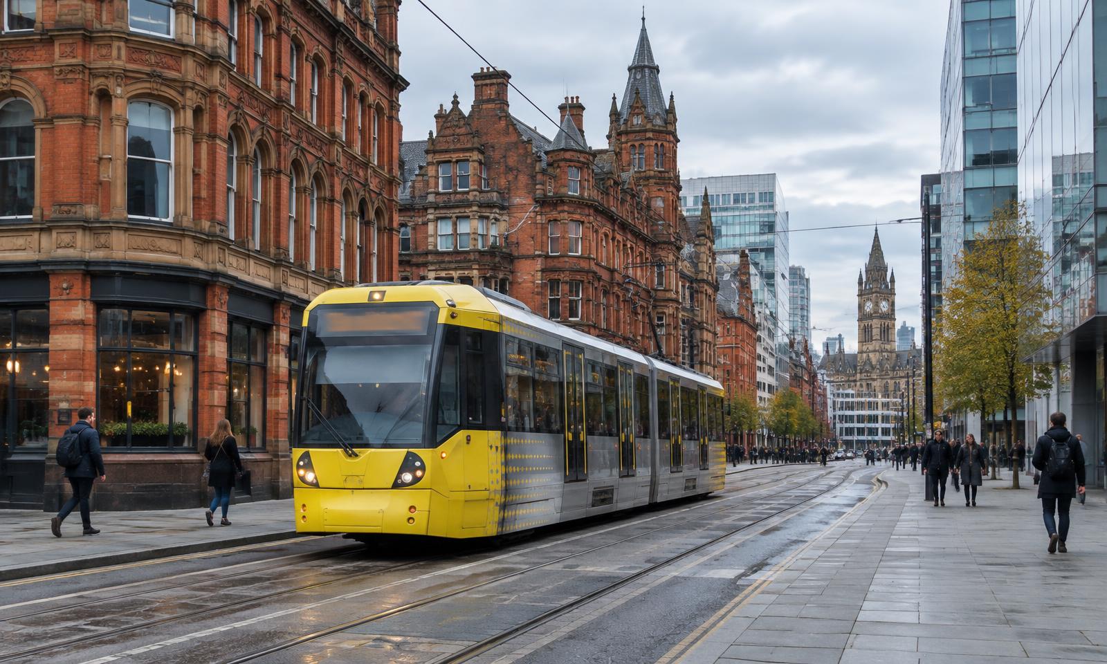 Illustrative editorial view of a yellow tram on a Manchester street