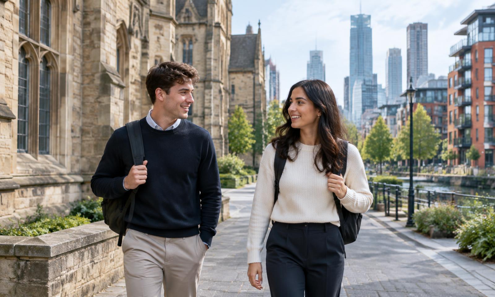 Illustrative editorial image of two graduates walking between university and city buildings