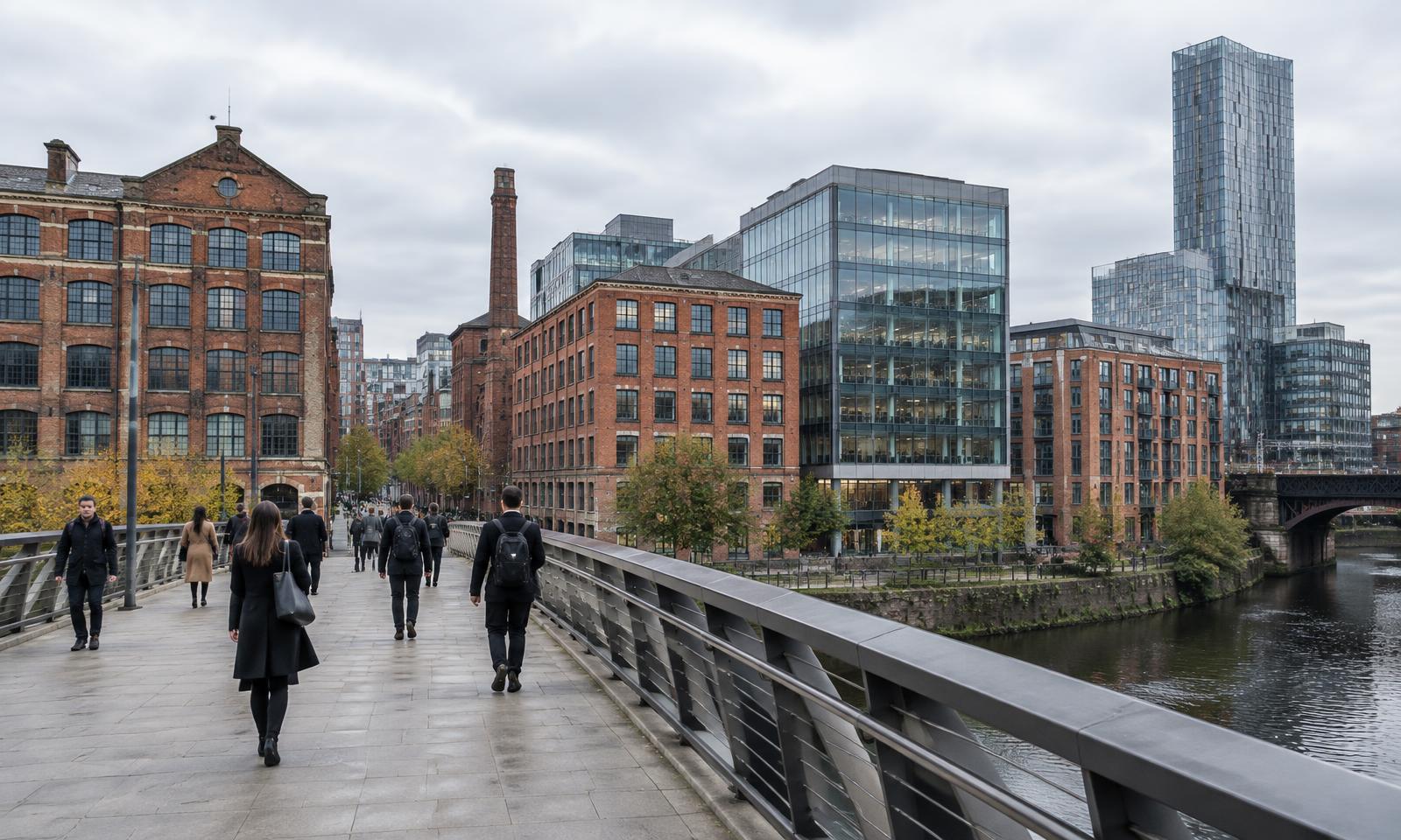 Illustrative editorial image of commuters crossing a North West city bridge