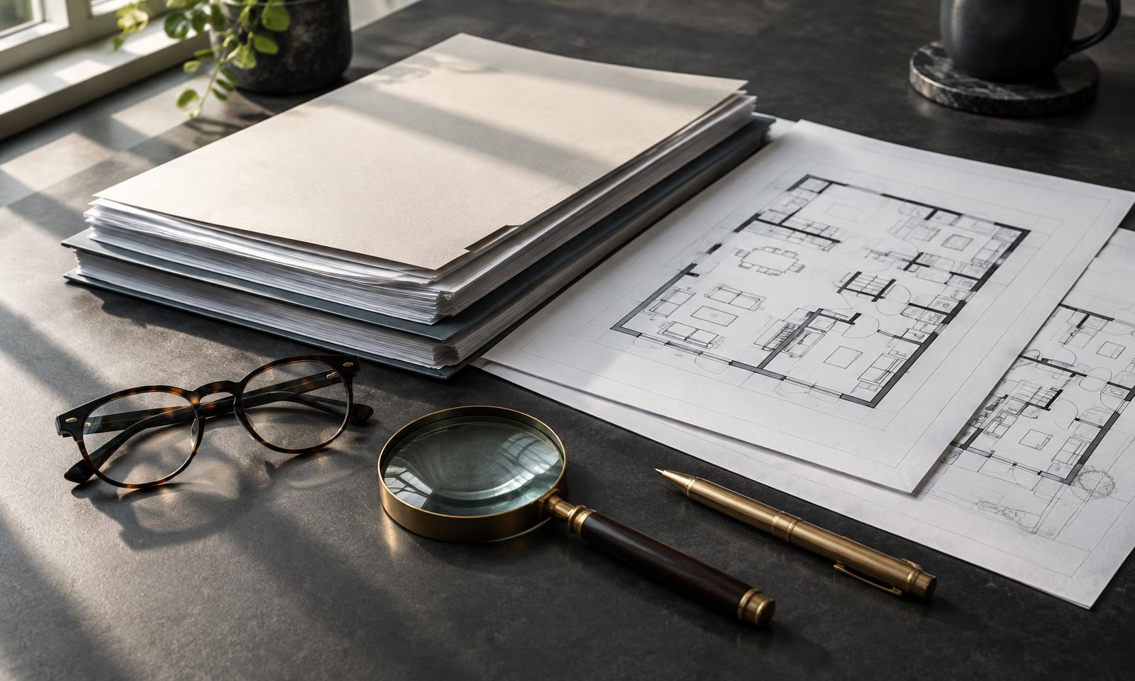 Illustrative editorial image of property documents and plans prepared for review