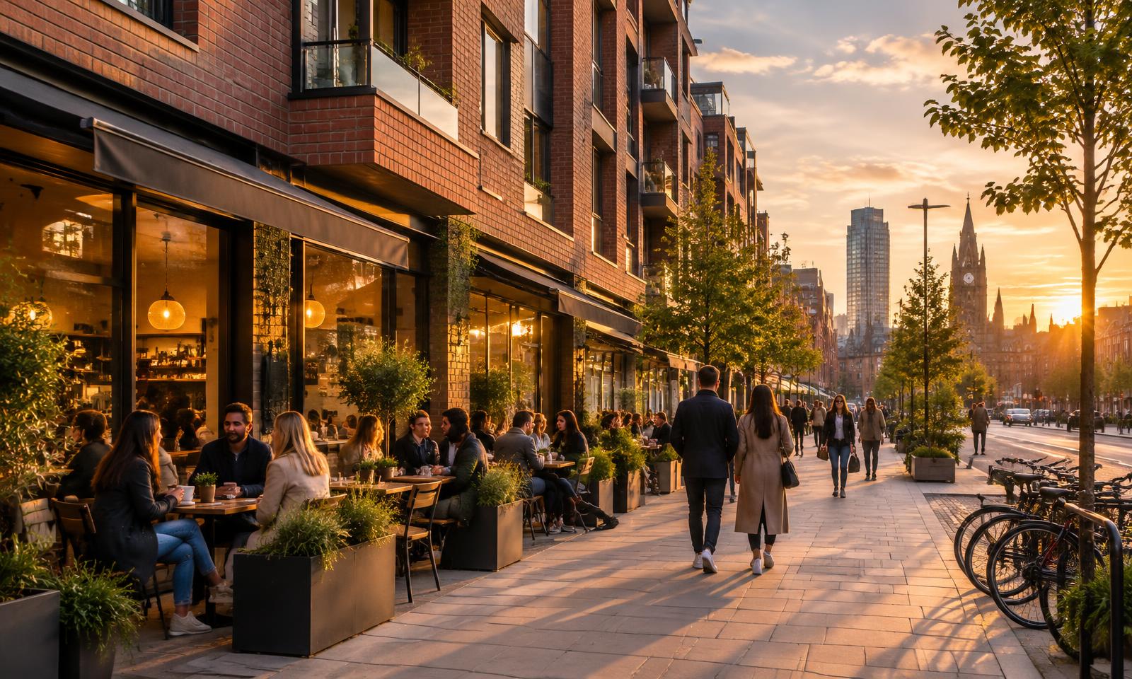 Illustrative editorial image of a pedestrian-friendly urban residential street