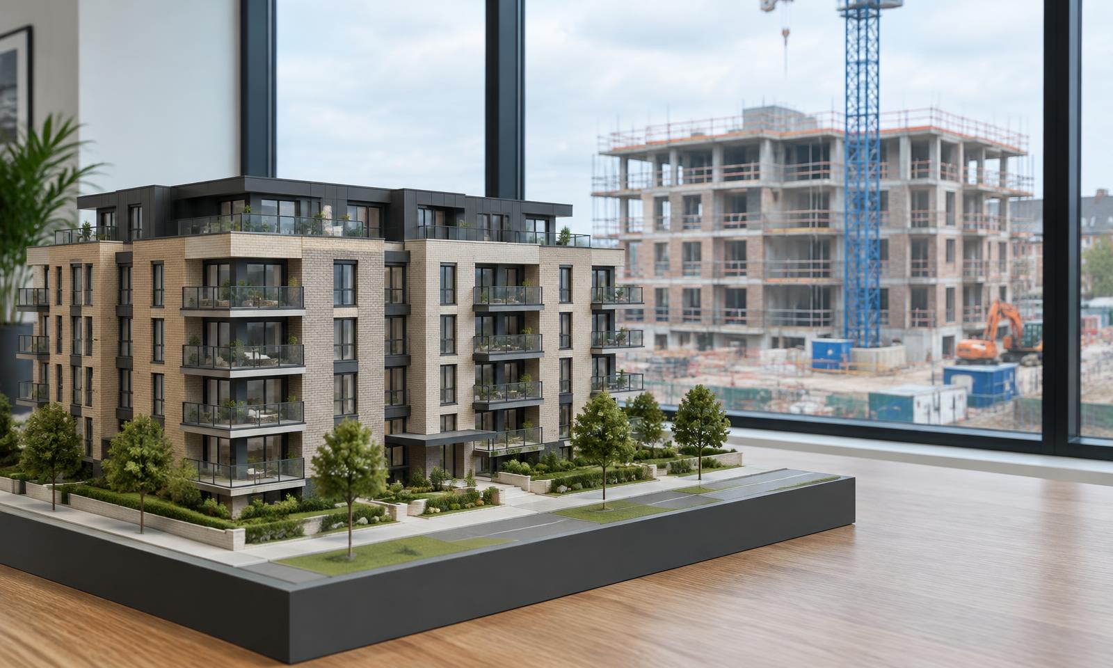 Illustrative editorial image of an apartment building model beside a construction site