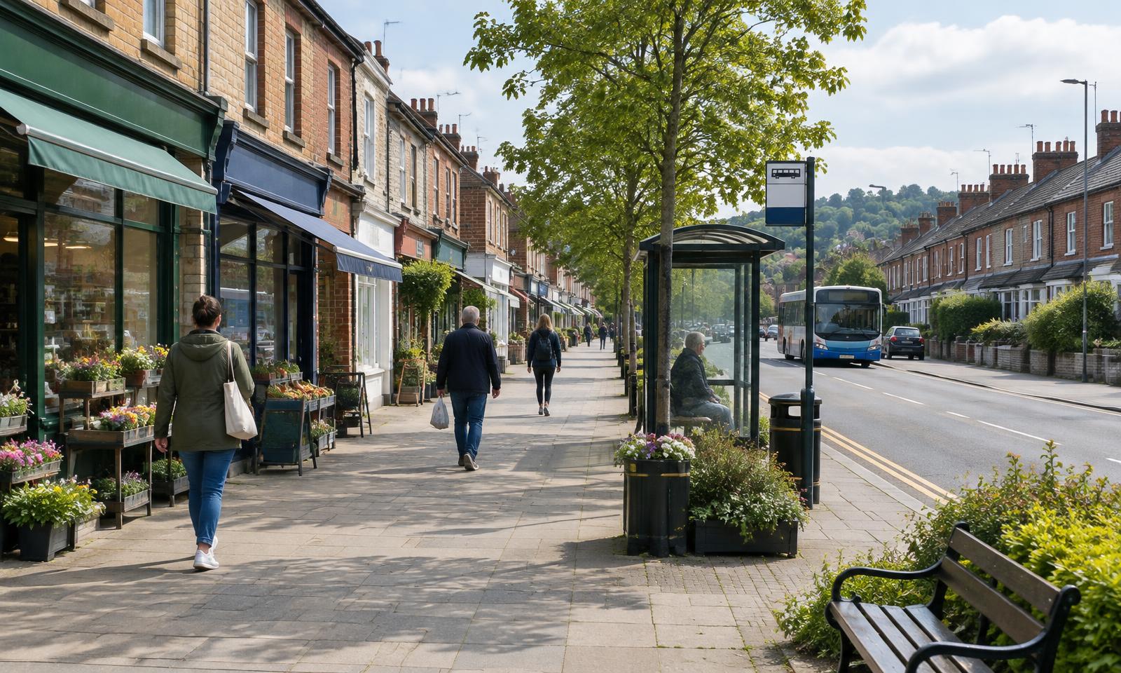 Illustrative editorial image of a suburban high street with homes and local shops