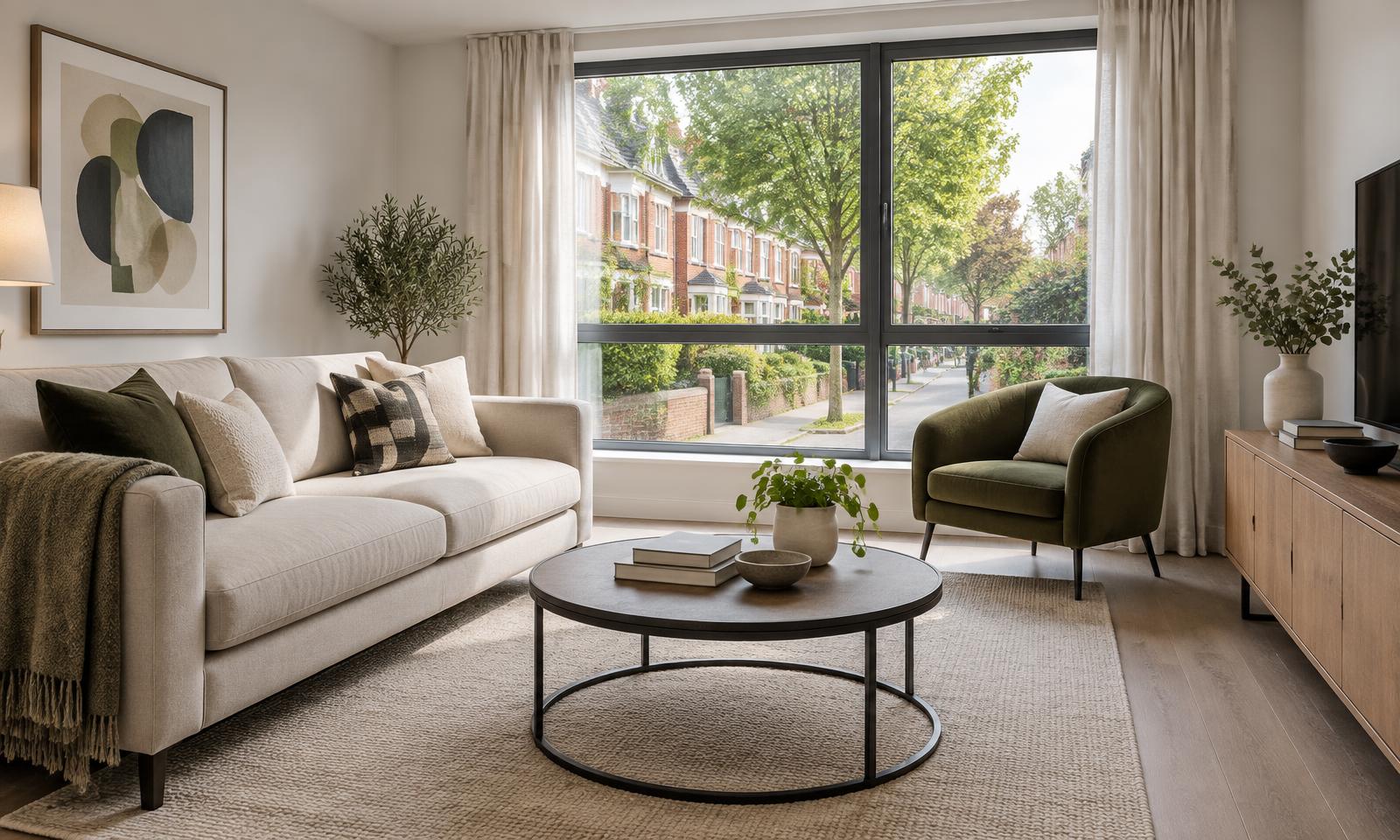 Illustrative editorial image of a finished apartment living room