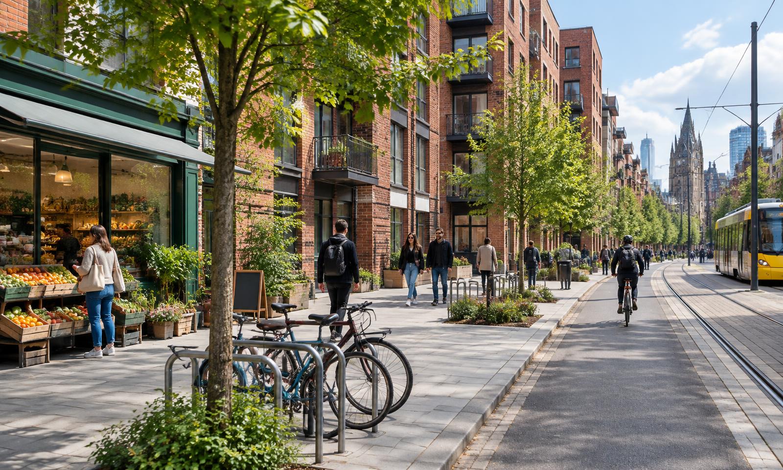 Illustrative editorial image of a walkable neighbourhood with shops, bicycles and public transport