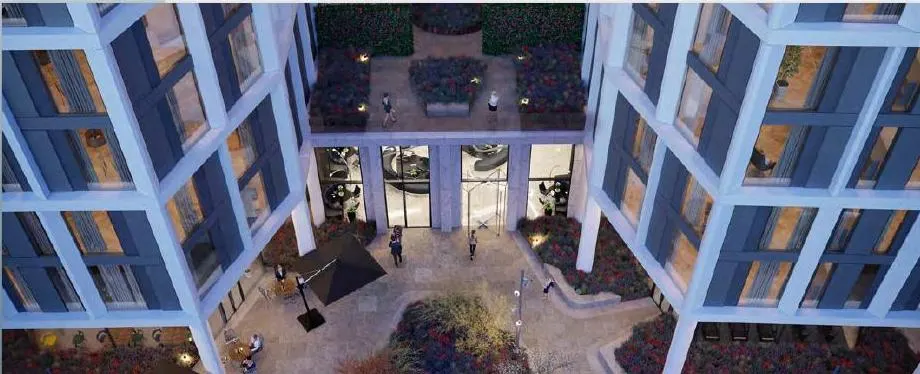 Evening view of the podium courtyard