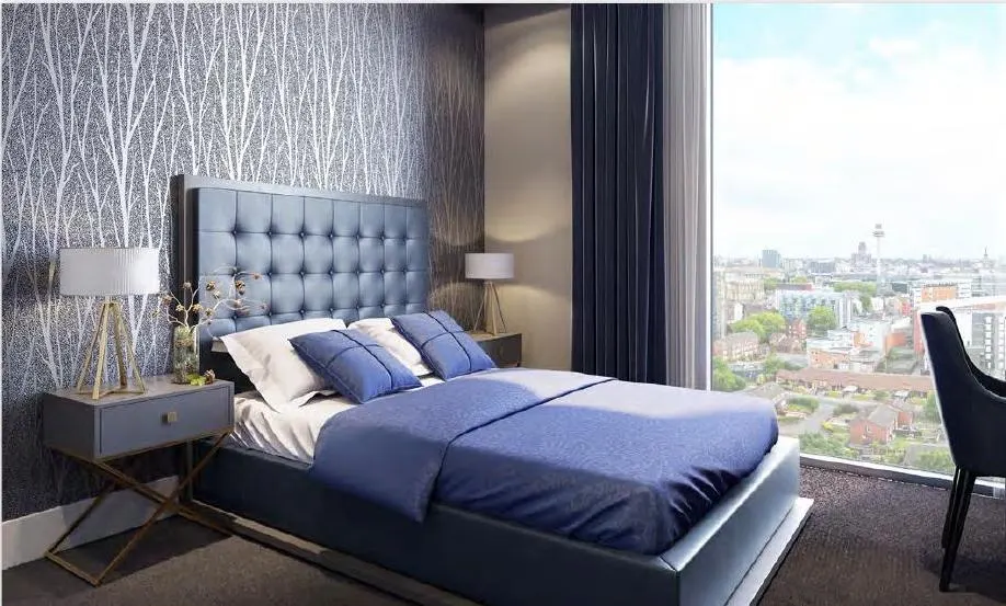 Bedroom with feature wallpaper and floor-to-ceiling window