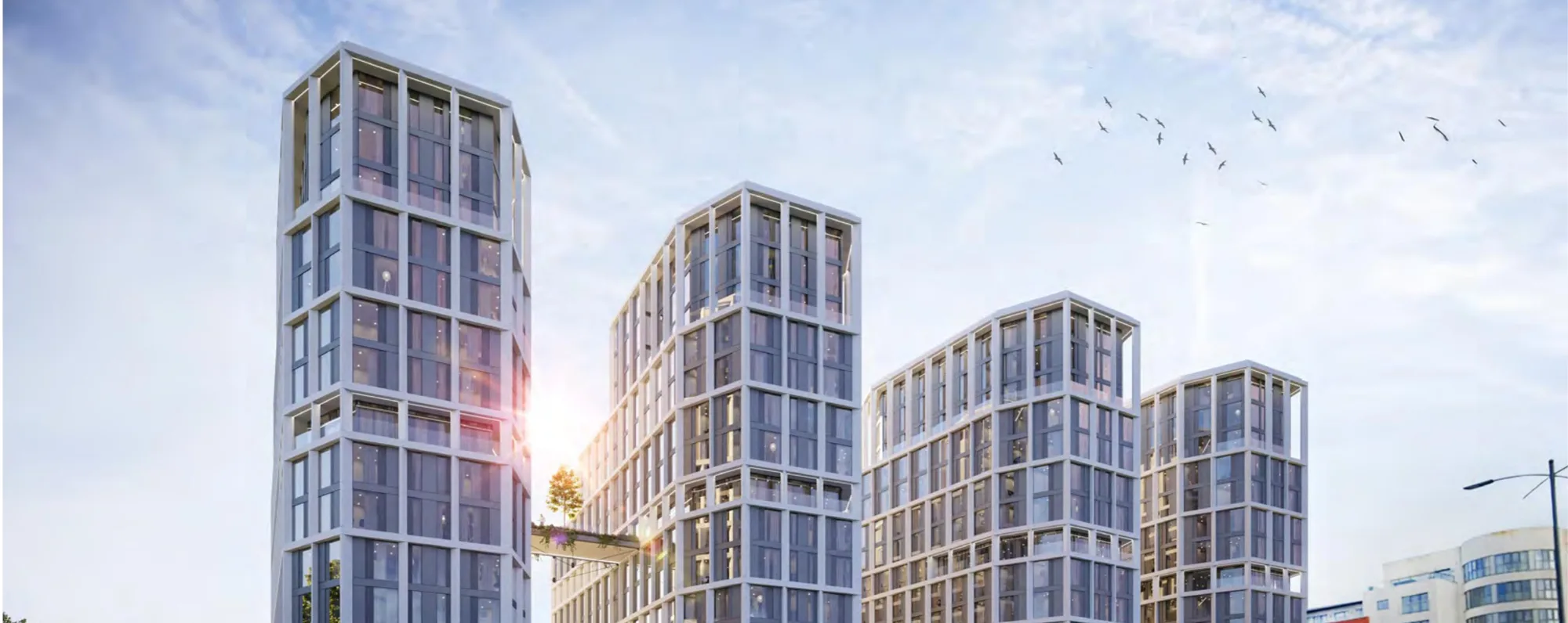 The Gateway's four residential towers linked by landscaped sky bridges, Liverpool