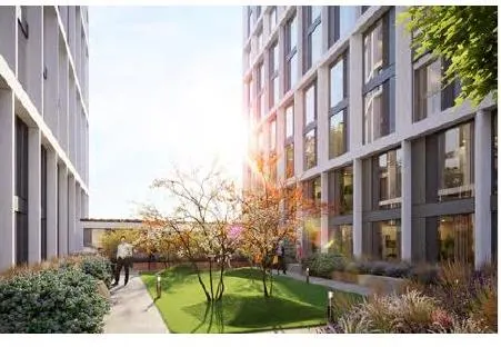 Landscaped green street between the towers