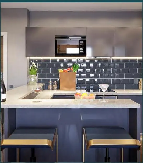 Kitchen island with metro-tiled splashback
