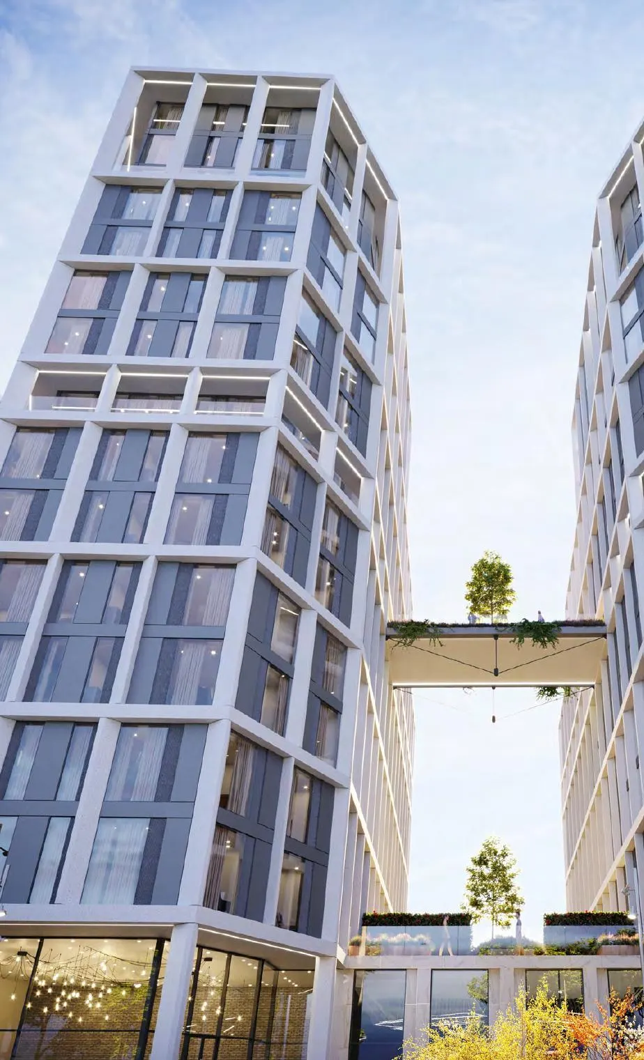 Two towers linked by a landscaped seventh-floor sky bridge