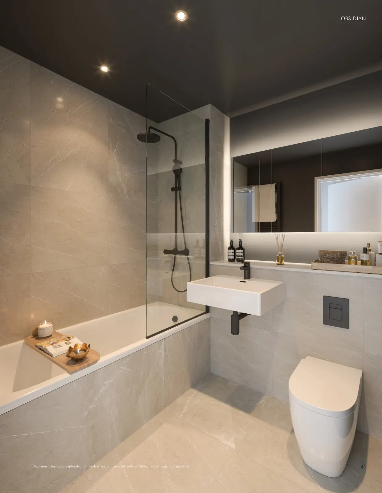 Fully tiled bathroom with backlit mirror at Obsidian
