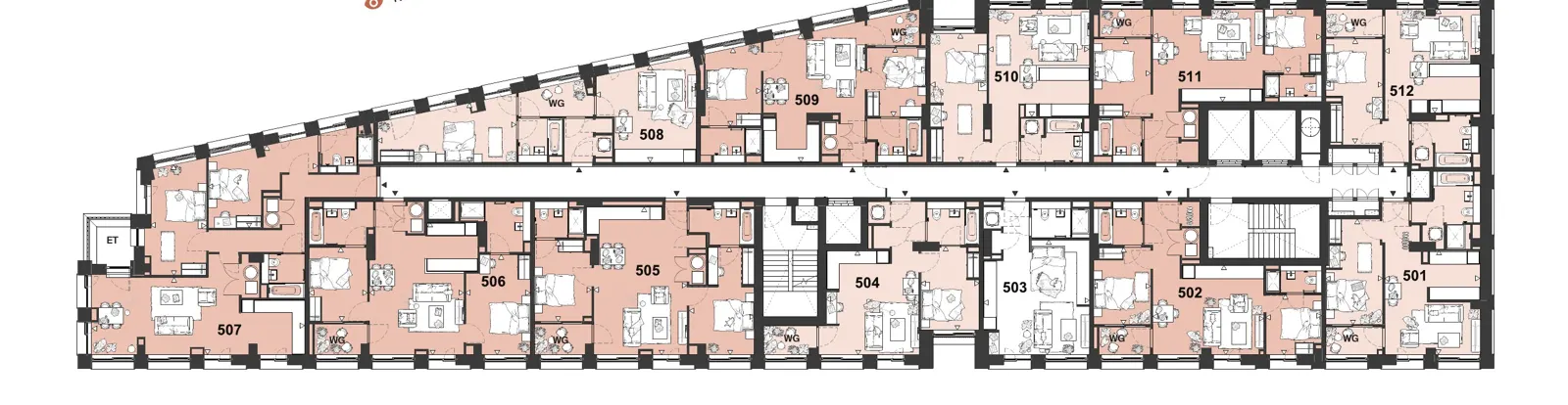 Obsidian typical floor plan showing studio, one-, two- and three-bedroom layouts
