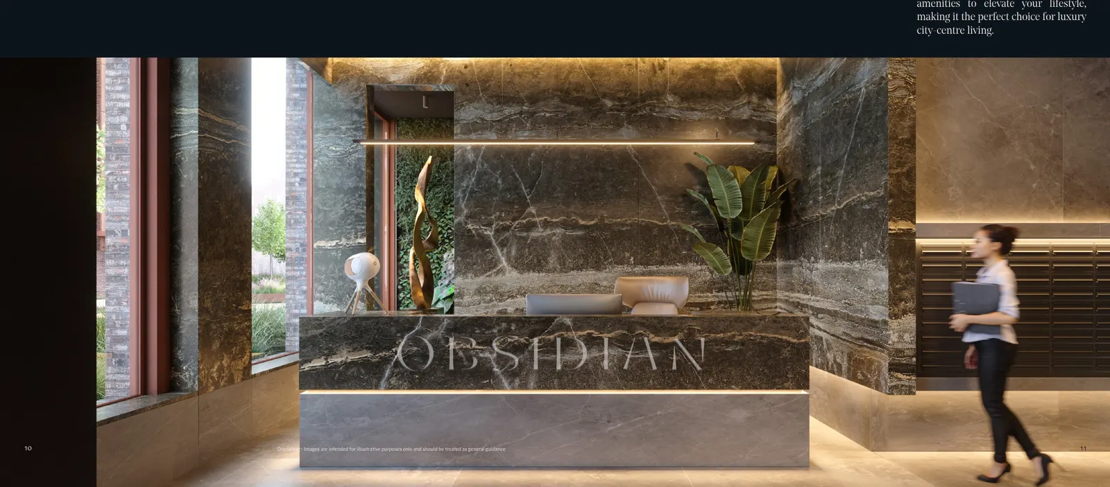 Obsidian reception lobby with marble feature wall