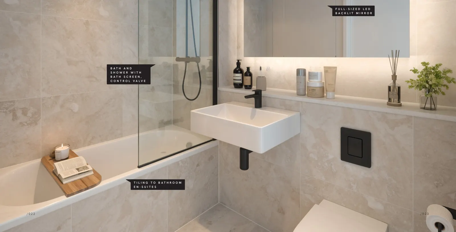 Bathroom with LED backlit mirror at Waterhouse Gardens
